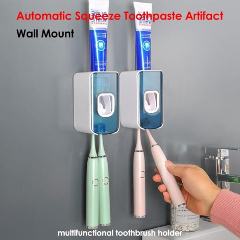2 Pack Automatic Toothpaste Dispenser and Holder, Toothbrush Storage Holder, Wall Mounted, Bathroom Accessories