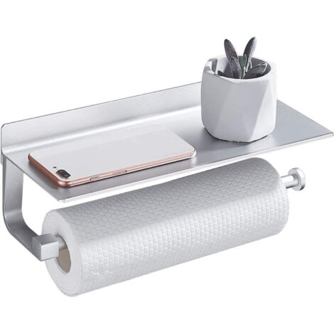 Silver Adhesive Kitchen Roll Holder Paper Towel Holder with Spacious Shelf Roll Tissue Dispenser Wall Mounted No Drilling for Kitchen Bathroom