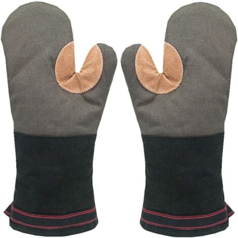 Oven Gloves Double Oven Mitt,Leather BBQ Gloves Universal Heat Resistant Kitchen Gloves Long Thick Soft Cotton Oven Gloves for Cooking Baking