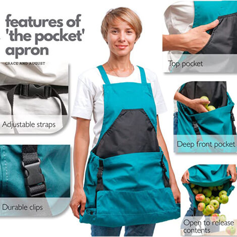 Harvest Apron (Blue), Canvas Fruit Picking Bag - Adjustable Large Capacity Harvest Apron with Bottom Opening and Double Clips for Gardeners