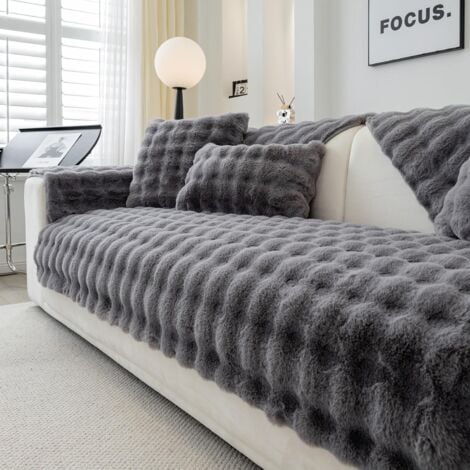 (Dark Grey, 70x70cm)Plush Sofa Cover - Non-Slip Sofa Slipcover, Faux Rabbit Fur Sofa, L Shape Sofa