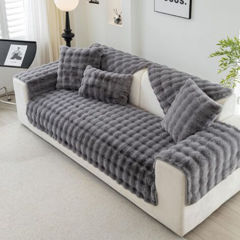 (Dark Grey, 70x70cm)Plush Sofa Cover - Non-Slip Sofa Slipcover, Faux Rabbit Fur Sofa, L Shape Sofa