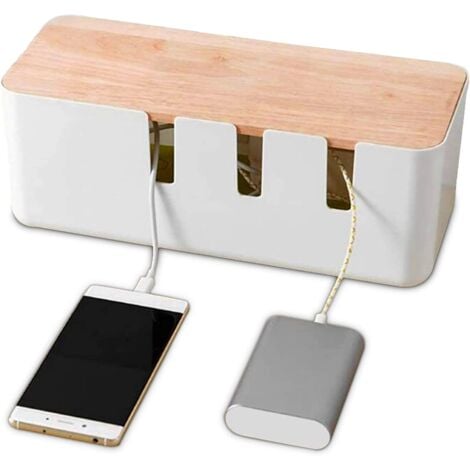 HERCHR Cable Management Box 30.3 x 12.5 x 11.5cm, Cable Organizer with Wooden Lid for Computer TV, Power Strip, Charger Line