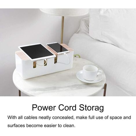 HERCHR Cable Management Box 30.3 x 12.5 x 11.5cm, Cable Organizer with Wooden Lid for Computer TV, Power Strip, Charger Line