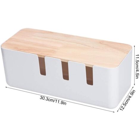 HERCHR Cable Management Box 30.3 x 12.5 x 11.5cm, Cable Organizer with Wooden Lid for Computer TV, Power Strip, Charger Line