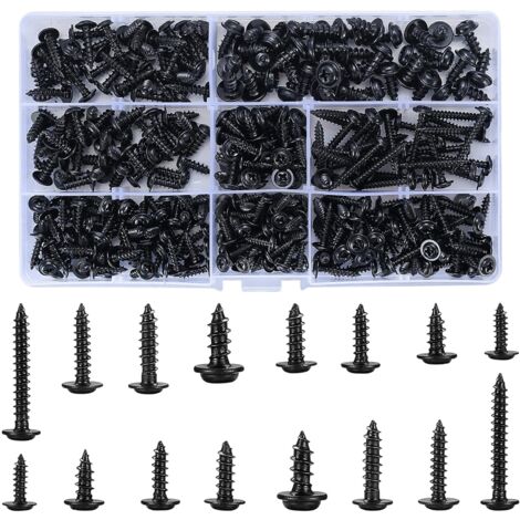 340 Pieces Self Tapping Screws, Carbon Steel Self Drilling Screws, Black Wood Screws, Round Head Screw Kit, Flat Head Phillips Screws for Soft Wood Metal - 8 Specifications, with a Plastic Box (1/5)