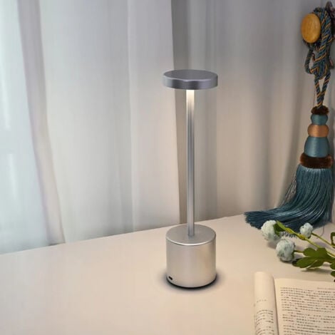 Silver Cordless Led Table Lamp Rechargeable Small Metal Desk Lamp 2 Dimming Levels Modern Hotel Restaurant Bedroom