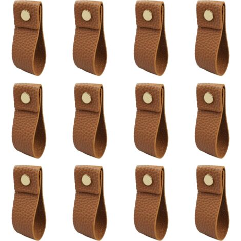 CSPARKV 12 Pieces Brown PU Leather Handle Leather Drawer Handle Cupboard Pulls with Screws Accessories for Furniture, Kitchen, Bathroom Cabinets, Wardrobe Dresser, (1/5)