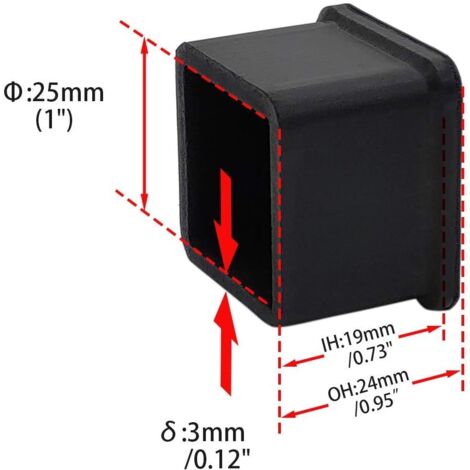2.5 x 2.5 cm (1 inch x 1 inch) Pack of 16 Thick Square Black Rubber Chair Table Leg Caps Protectors