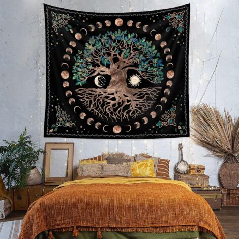 Tree of Life Tapestry Wall Hanging Moon Sun Black Tapestry Psychedelic Wall Tapestry Mandala Starry Sky Hippie Tapestry for Bedroom