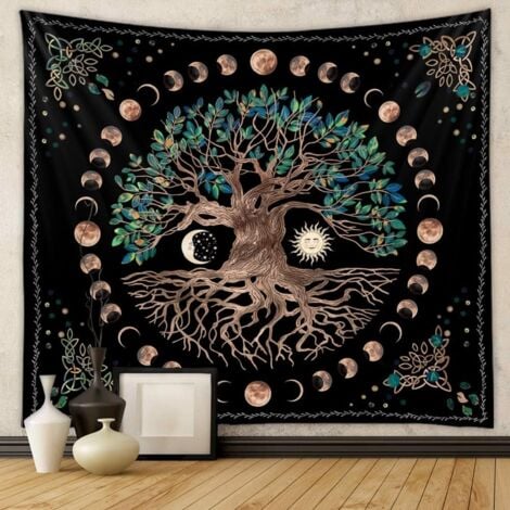 Tree of Life Tapestry Wall Hanging Moon Sun Black Tapestry Psychedelic Wall Tapestry Mandala Starry Sky Hippie Tapestry for Bedroom