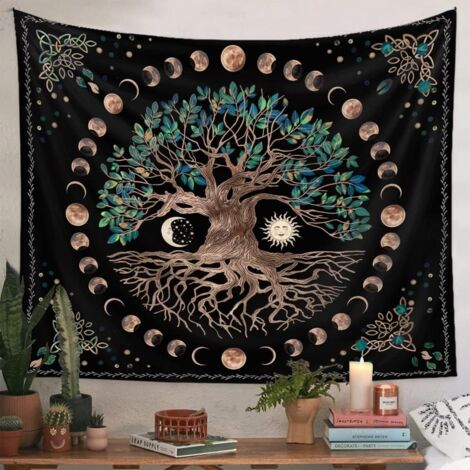 Tree of Life Tapestry Wall Hanging Moon Sun Black Tapestry Psychedelic Wall Tapestry Mandala Starry Sky Hippie Tapestry for Bedroom