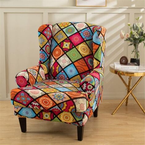 Stretch Wingback Chair Cover Armchair Slipcover with T-Cushion Cover, Printed Non-Slip Armchair Cover, for Living Room, Hotel