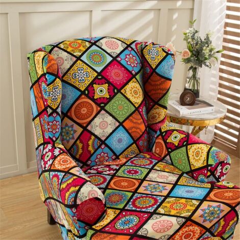 Stretch Wingback Chair Cover Armchair Slipcover with T-Cushion Cover, Printed Non-Slip Armchair Cover, for Living Room, Hotel