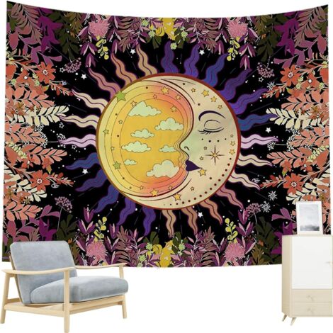 CSPARKV Wall Tapestry, Moon Sun Flower Black Tapestry Wall Decor Psychedelic Tapestry Aesthetic Boho Wall Hanging Decorative, for Bedroom Dorm Party(150x130cm) (1/4)