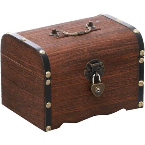 Vintage Wooden Pirate Treasure Chest Piggy Bank With Lock - For Adults & Kids, Coin & Jewelry Storage (5.7x4.13x3.93")