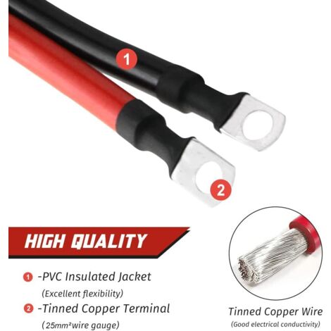 CSPARKV 30cm Battery Inverter Cable with Battery Terminal Connectors 12V 24V 25mm 3AWG Max 125A Red