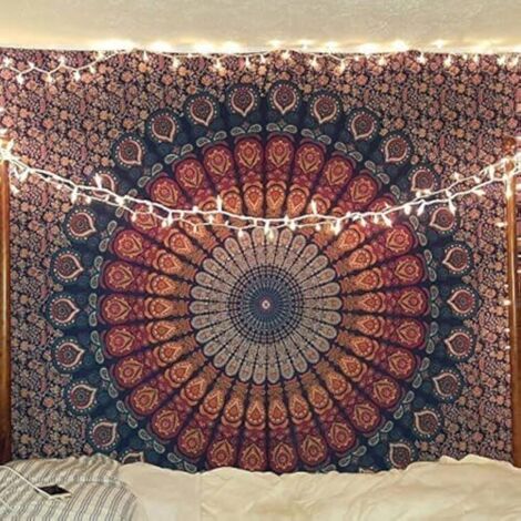 Tapisserie Murale Mandala Loup Et Montagnes - 150x200 Cm, Polyester, Pour Décorer Chambre, Salon Ou Canapé