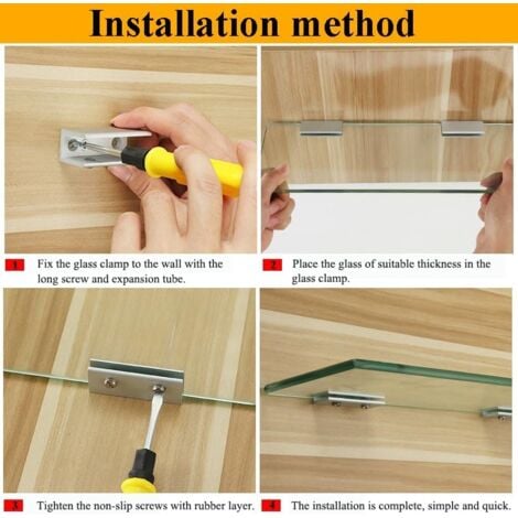 CSPARKV 4Pcs Stainless Steel Glass Clamp Adjustable Glass Shelf Bracket 8-12mm Thickness Rectangular Glass Clamp Stainless Steel Glass Clamp for Balustrade Staircase Bathroom, with Screws