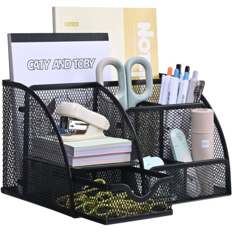CSPARKV 1 pcs Metal Mesh Desk Organizer with Drawer and Pen Holder for Pens, Sticky Notes, Staplers, Paper Clips, Compact and Stylish for Space Saving. (1/5)