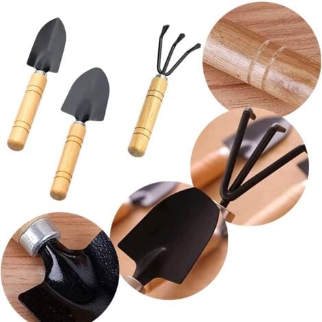 CSPARKV 3 Pcs Garden Tools Set Mini Small Shovel Rake and Spade Wooden Handle Gardening Tool Set for Planting Flowers, Transplanting, Loosening Soil