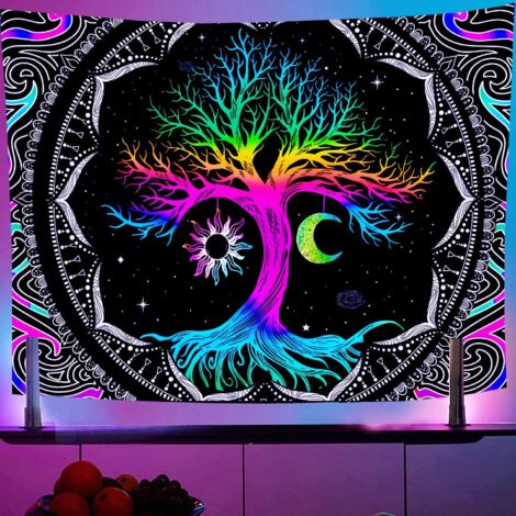 CSPARKV Moon and Sun Pattern Wall Hanging Tree of Life UV Fluorescence Tapestry Psychedelic Mandala Tree of Life Tapestry, Bedroom Decor Wall Hanging for Living Room Dorm Tapestries (1/5)