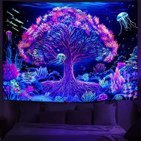 CSPARKV 150X130cm Fluorescent Tree Tapestry, Blacklight Tree Forest Fairy Tapestry Backdrop Wall Art Decor UV Black Light Reflective Tapestry for Bedroom Party (1/5)