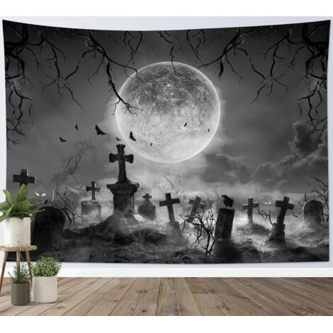 CSPARKV 150x130cm Halloween Wall Tapestry Gray Wall Hanging Dead Tree Black Crow Cemetery Wall Blanket Gray Horror Moon Night Tapestries Decoration for Home Living Room Bedroom Dorm (1/4)