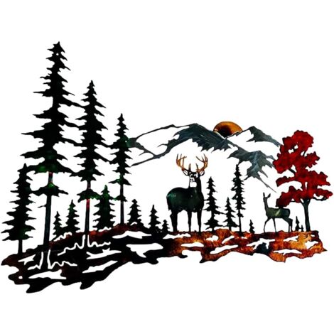Moxweyeni Metall-Wanddekoration – Wald, Hirsch & Berghütte, 33 X 20 Cm, Rustikales Design