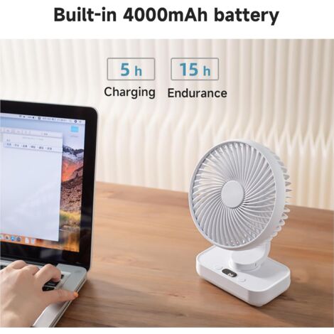 LaBlanc – Tragbarer USB-Tischventilator mit 4 Geschwindigkeiten und Oszillation, 4000 mAh, wiederaufladbar und USB-Kabel für Zuhause, Büro, Reisen, Camping