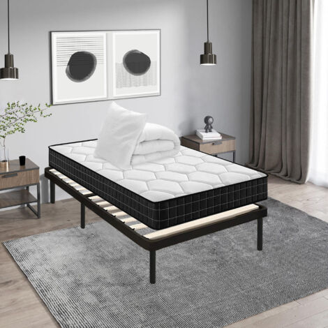 Iztoss – Ensemble sommier et matelas 90x190 cm – Matelas mousse 90x190x15 cm – Couette 140x200 cm et oreiller 60x60 cm – Sommier avec pieds