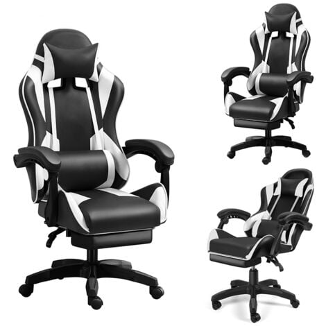 Fauteuil gamer - Chaise gaming - Chaise de bureau ergonomique - Hauteur Réglable - Support lombaire et Repose-pieds - Charge 120 kg - Noir et Blanc