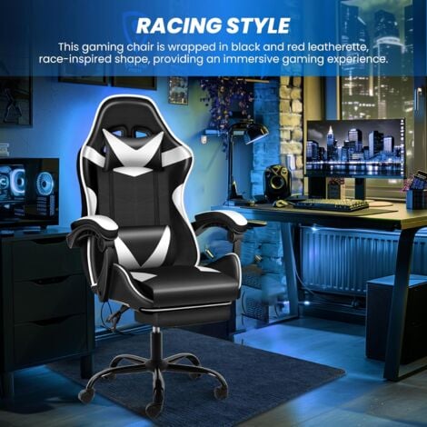 Fauteuil gamer - Chaise gaming - Chaise de bureau ergonomique - Hauteur Réglable - Support lombaire et Repose-pieds - Charge 120 kg - Noir et Blanc