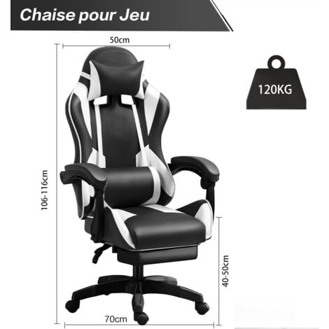 Fauteuil gamer - Chaise gaming - Chaise de bureau ergonomique - Hauteur Réglable - Support lombaire et Repose-pieds - Charge 120 kg - Noir et Blanc