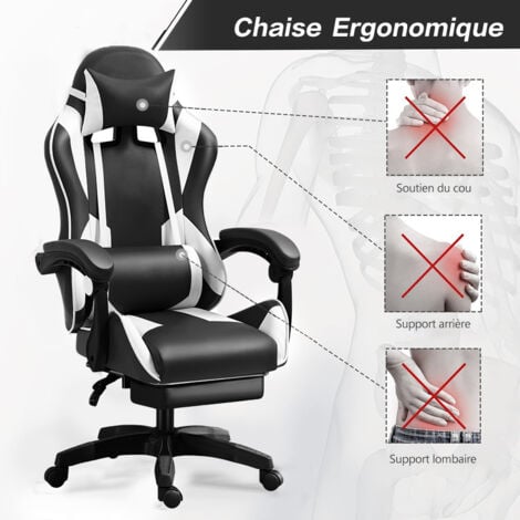 Fauteuil gamer - Chaise gaming - Chaise de bureau ergonomique - Hauteur Réglable - Support lombaire et Repose-pieds - Charge 120 kg - Noir et Blanc