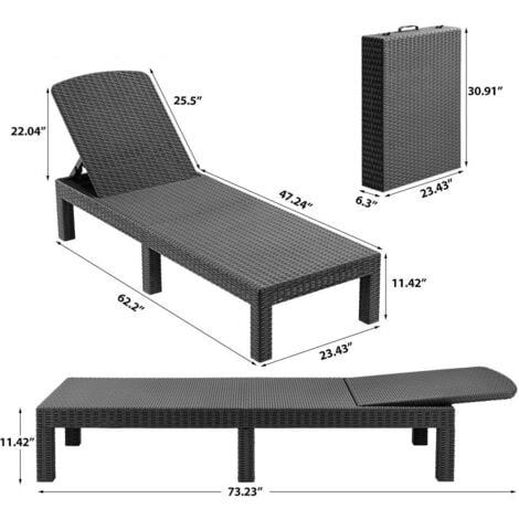 Bain de soleil - Chaise longue - Transat de soleil Résine imitation rotin tressé - Coussin - Dossier réglable - Noir