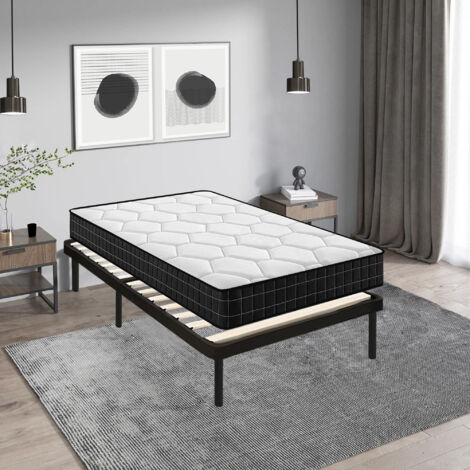 Iztoss – Ensemble sommier et matelas 90x190 cm – Matelas mousse 90x190x15 cm – Sommier à lattes en bois massif avec pieds – Installation facile