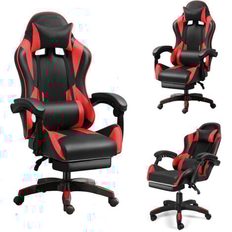 Fauteuil Gamer - Chaise gaming Ergonomique Inclianble - Avec Repose-pieds Télescopique - Hauteur Réglable - Appui-tête, Support Lombaire, Charge 120 kg, Noir et Rouge