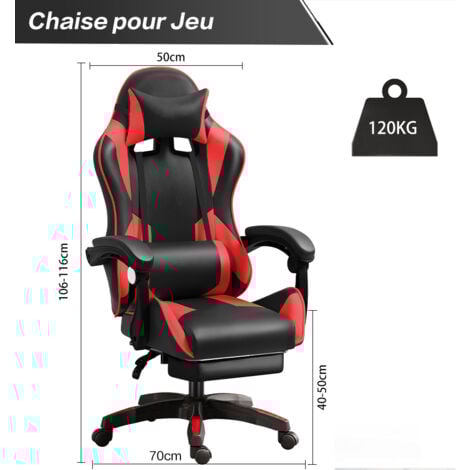 Fauteuil Gamer - Chaise gaming Ergonomique Inclianble - Avec Repose-pieds Télescopique - Hauteur Réglable - Appui-tête, Support Lombaire, Charge 120 kg, Noir et Rouge