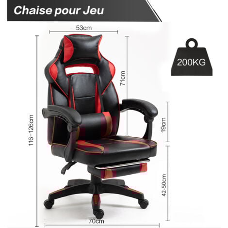 Fauteuil Gamer - Chaise gaming Ergonomique Inclianble - Avec Repose-pieds Télescopique - Hauteur Réglable - Appui-tête, Support Lombaire, Charge 120 kg, Noir et Rouge