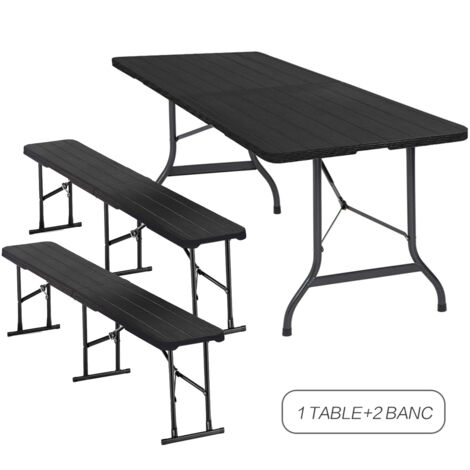 Iztoss – Ensemble table pliante et 2 bancs – Table de jardin 8 personnes – Plateau en plastique HDPE – Pieds en acier galvanisé – Noir