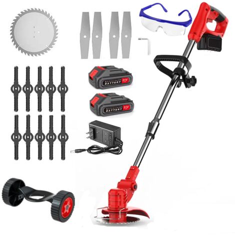Coupe-bordure à batterie 30cm réglable - Coupe-bordure sans Fil avec 2 Batteries 21V - Manche Télescopique - Poignée Réglable - Rouge