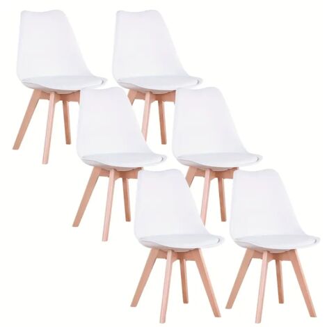 Iztoss – Lot de 6 chaises scandinaves blanches – Pieds en hêtre massif – Coussin en PU – Hauteur 81 cm – Pour salon, salle à manger, bureau