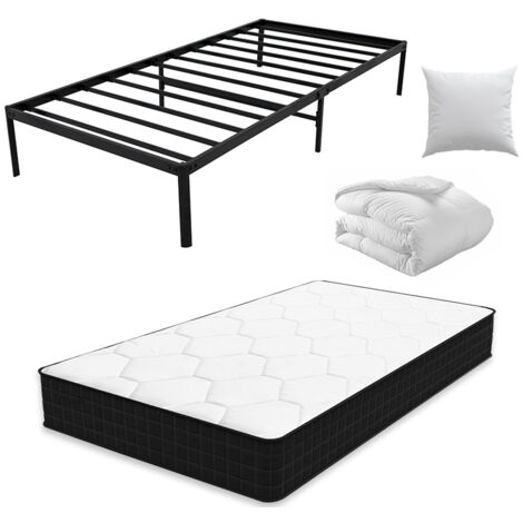 Iztoss – Ensemble sommier et matelas 90x190 cm – Lit en métal 1 place – Couette 140x200 cm et oreiller 60x60 cm – Charge max 150 kg