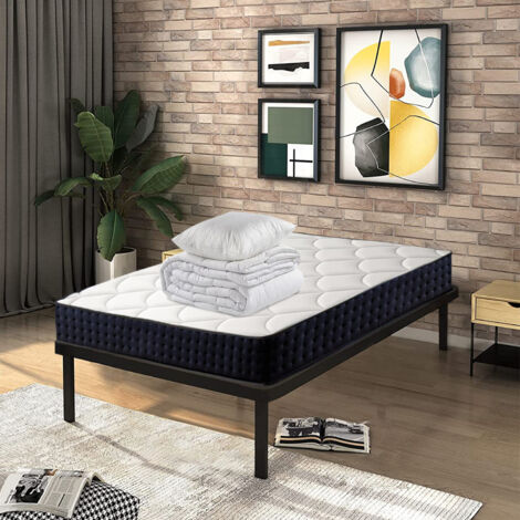 Bolli – Ensemble sommier et matelas 90x190 avec couette 140x200 et 2 oreillers 60x60 – Matelas 15cm fermeté modérée – Sommier en bois massif