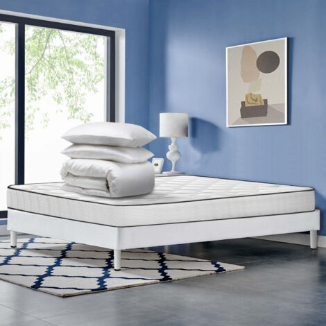 Bolli – Ensemble sommier et matelas 140x190 avec couette 220x240cm et 2 oreillers 60x60cm – Matelas en mousse haute qualité – Sommier tapissier durable