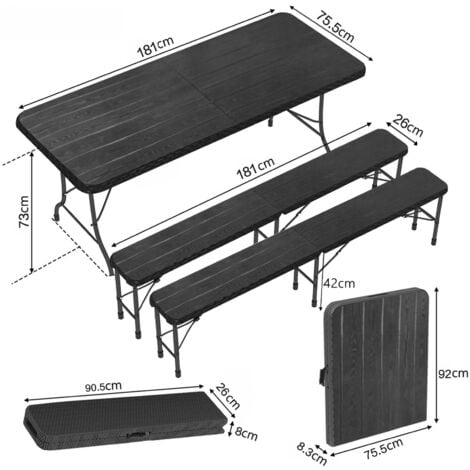 BOLLI Ensemble Table Pliante et 2 Bancs - Table de Jardin 8 Personnes - pour la Terrasse, le Camping, le Jardin, Pique - Nique Noir