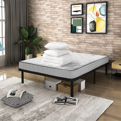 Bolli – Ensemble sommier et matelas 140x190 – Matelas 15cm fermeté modérée – Sommier en bois massif avec lattes – Couette 220x240cm et 2 oreillers 60x60cm