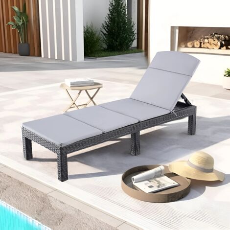 Bolli – Transat de jardin noir – Bain de soleil en plastique avec coussin – Résistant aux intempéries – Dimensions 187 x 59 x 28 cm