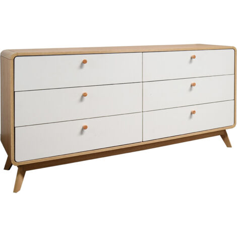 Commode scandinave 6 tiroirs en panneaux stratifiés – Effet chêne et blanc – Coins arrondis et pieds évasés pour style moderne (1/4)